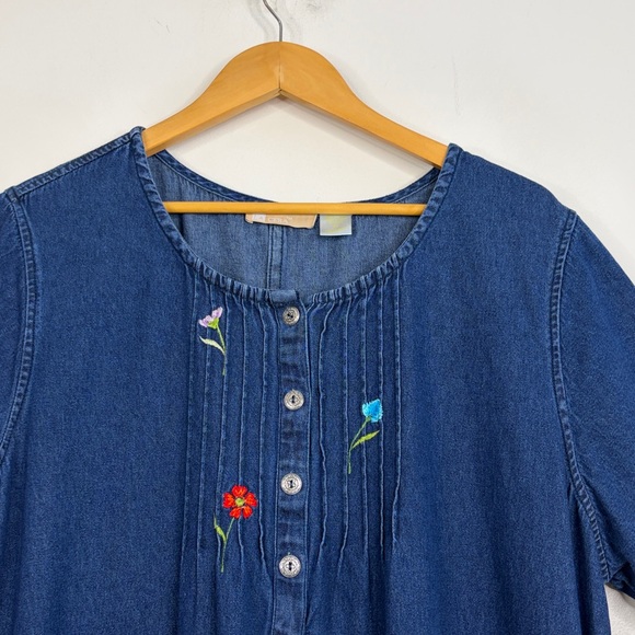 Chambray Dress Womens 2X Blue Jean Embroidered Floral Short Sleeve Prairie Midi - Picture 3 of 13
